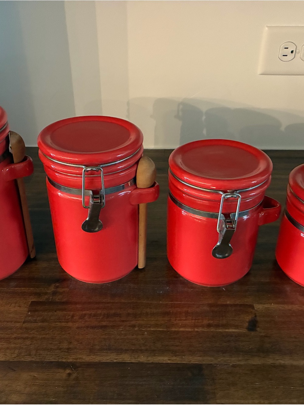 Red Airtight Ceramic Canister with Wooden Spoon - Kitchen Storage